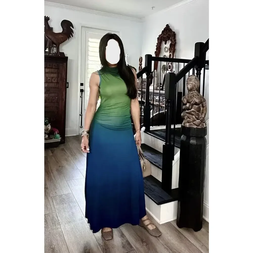 SIMKHAI Aldina Jersey Stretch Maxi Dress Blue Green Ombre, Size S Retails $645 - Picture 3 of 13